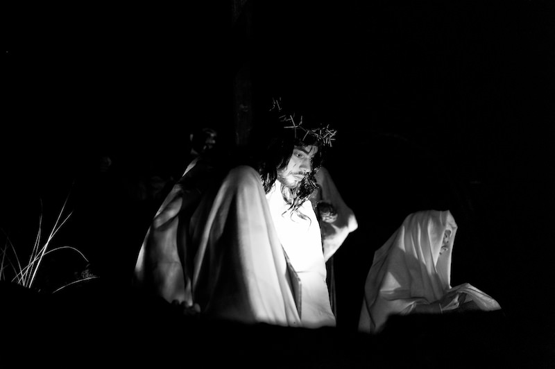 Easter processions. Jesus illuminated by a flood light